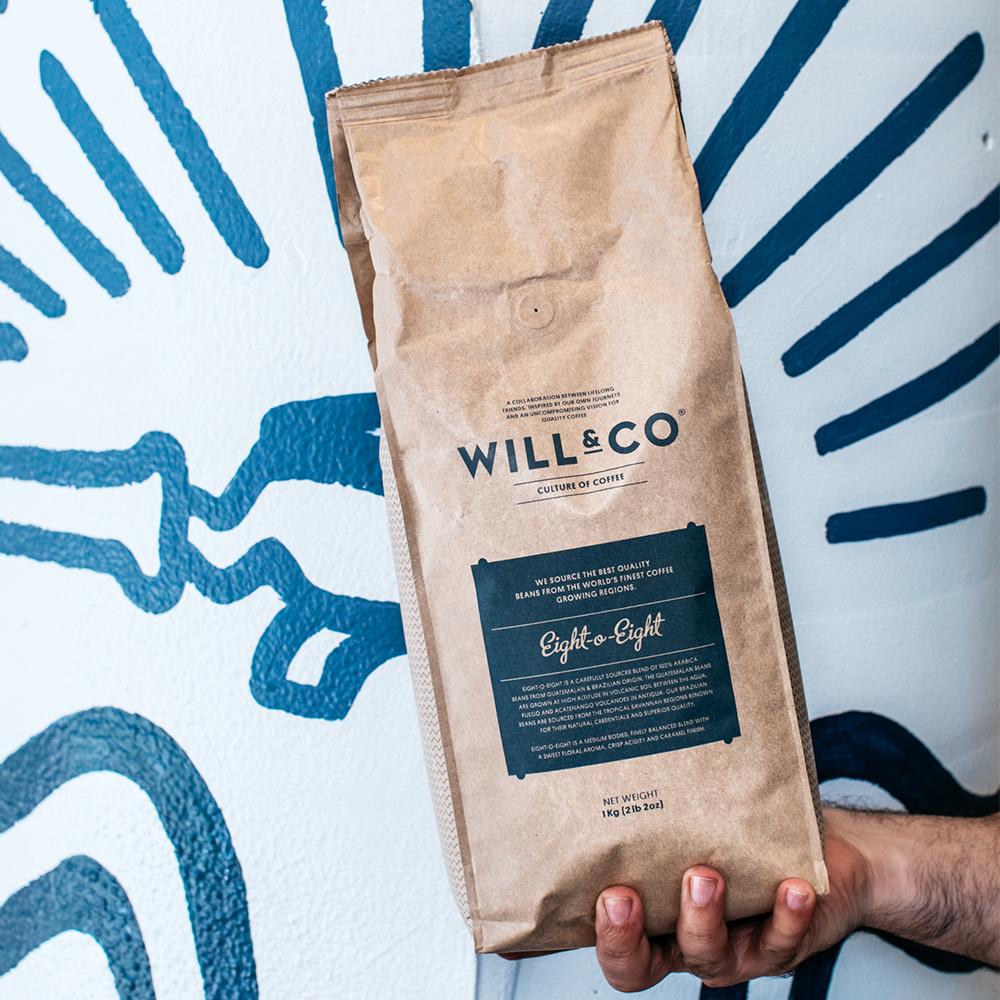 A bag of Will & Co Eight-O-Eight coffee beans
