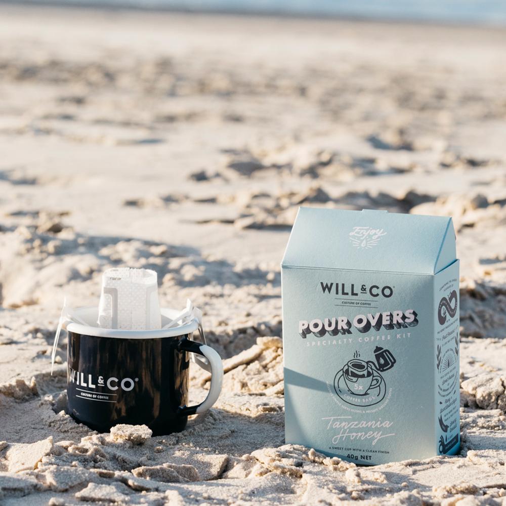 Pour over coffee aka coffee parachutes with a Will & Co mug you can buy online